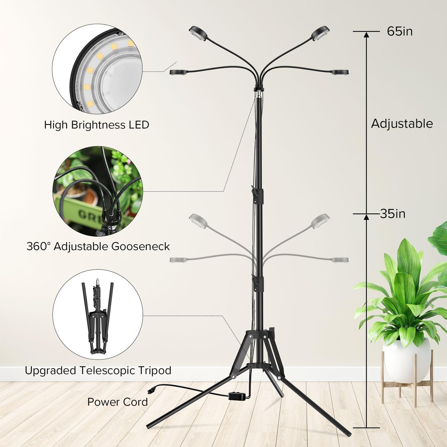 SANSI Grow Lights for Indoor Plants, 4 Head Dimmable, 40W Adjustable Tripod, Auto On/Off Timer, Black, Model C23ZW030-T0040A27