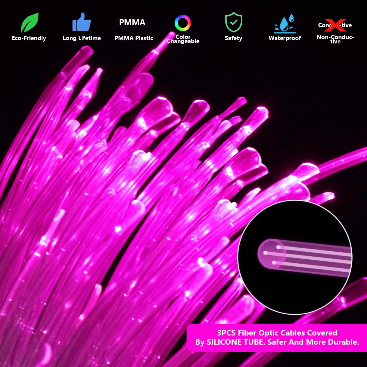 AKEPO Fiber Optic Sensory Lights for Autism Sensory Room for Kids, 10W RGBW Twinkle+Music Response+Bluetooth App Control Fiber Optic Light Engine with (3x0.75mm) Flash Point Cable 50pcs of 6.5ft/2m