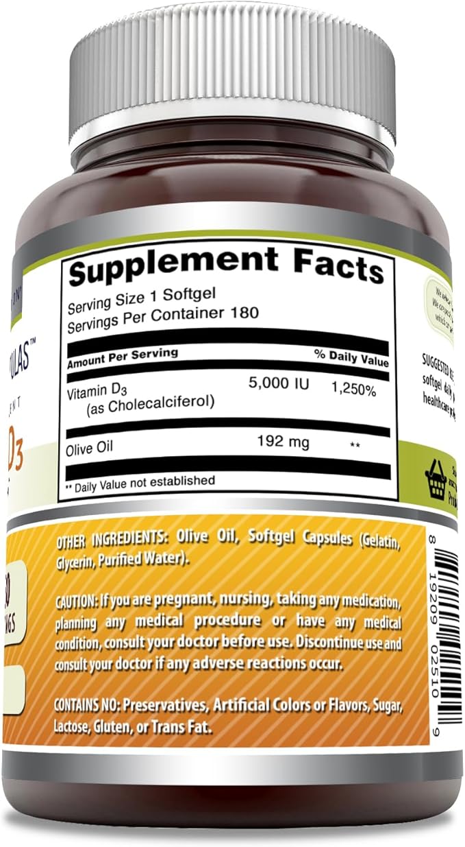 Amazing Formulas  Vitamin D3 with Olive Oil  5000  IU Softgels Supplement | Non-GMO | Gluten Free | Made in USA (180 Count)