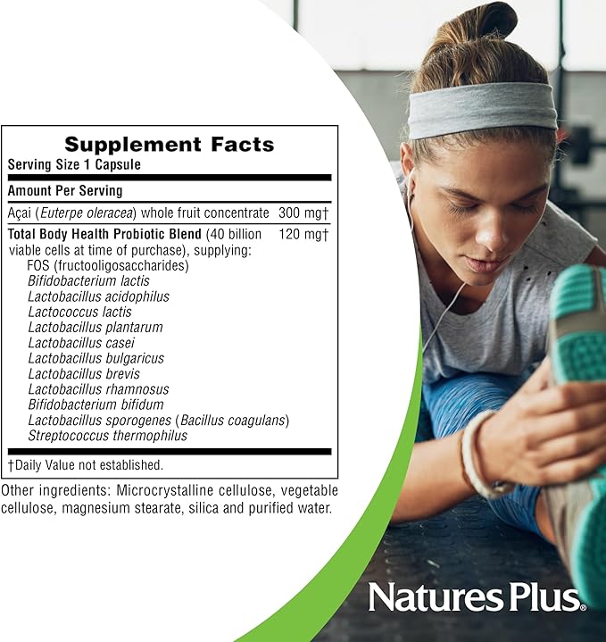 Natures Plus Ultra Probiotics - Maximum Strength Digestive Supplement - Total Body & Gut Health - Intestinal & Colonic Probiotics & Prebiotic Acai - 60 Vegetarian Capsules (60 Servings)