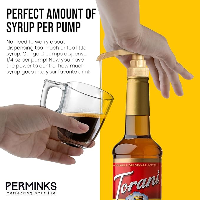 Premium Syrup Pump Compatible with Torani 750 ml Bottle, Davinci Syrups - No Spill, No Clog Syrup Pump Dispenser for Vanilla, Snow Cone, Blueberry, Coffee Flavoring & More (Pack of 3, Gold)
