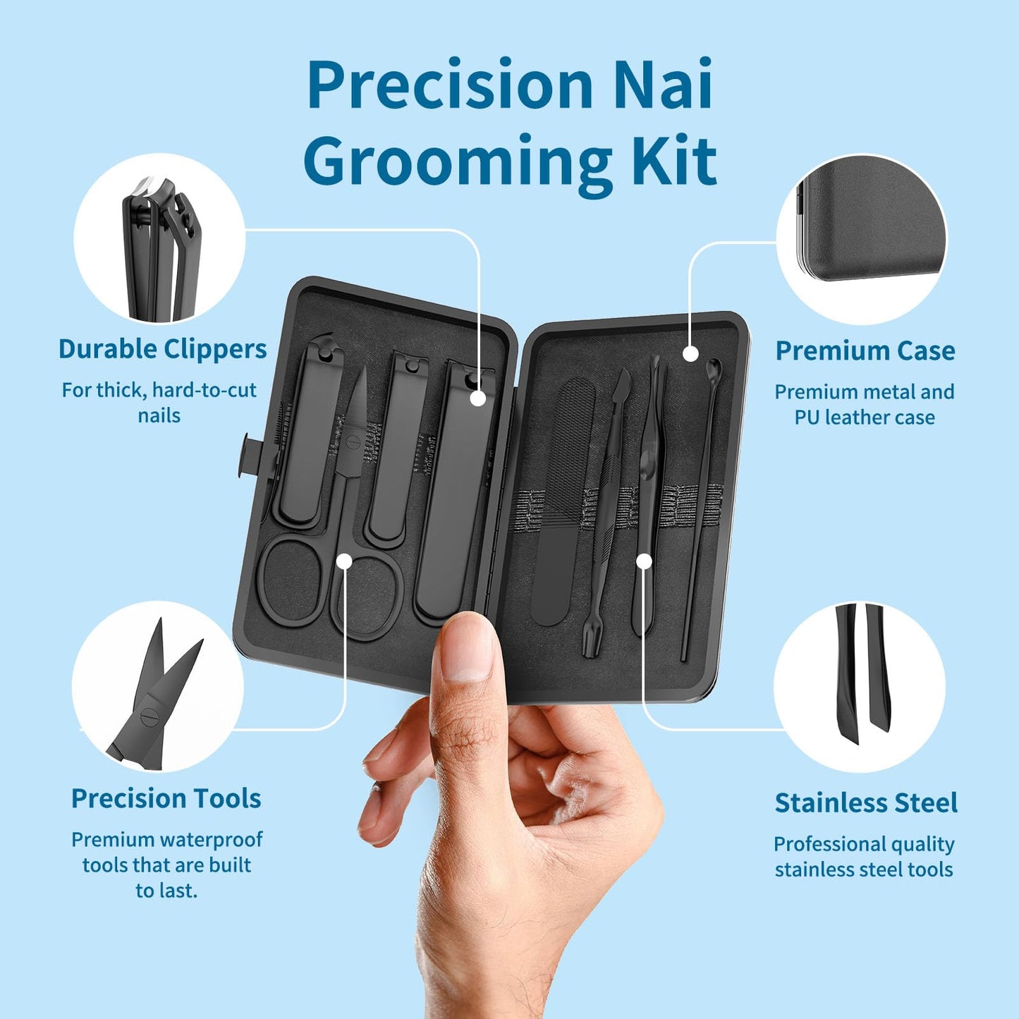 OFIDUS Precision 8 Pieces Mens Nail Grooming Travel Kit, Stainless Steel Manicure Set with Fingernail & Toenail Clippers, Nail F