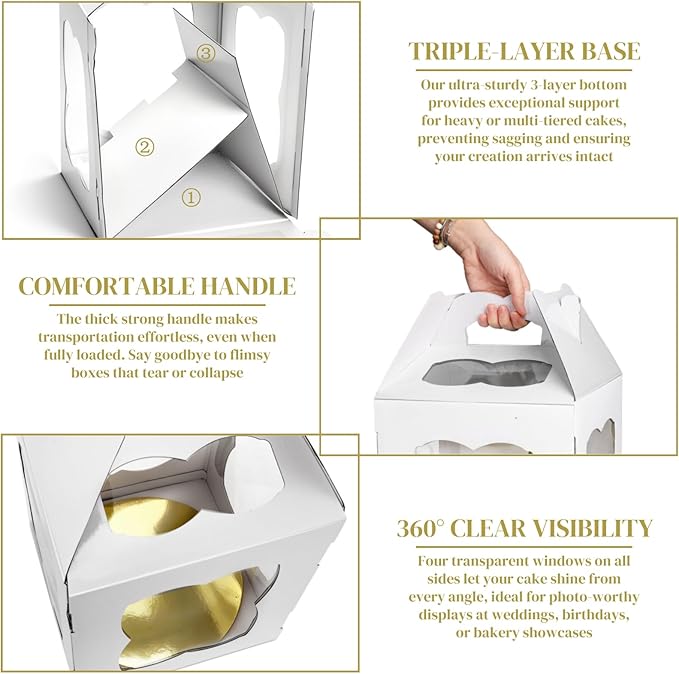 6 Pieces Tall Cake Boxes for Tier Cakes, 10''W x 10''L x 12''H Paper Bakery Carrier with Cake Board Window Handle, Disposable Large Layer Cake Safe Transport Box for Birthday, Wedding, Party