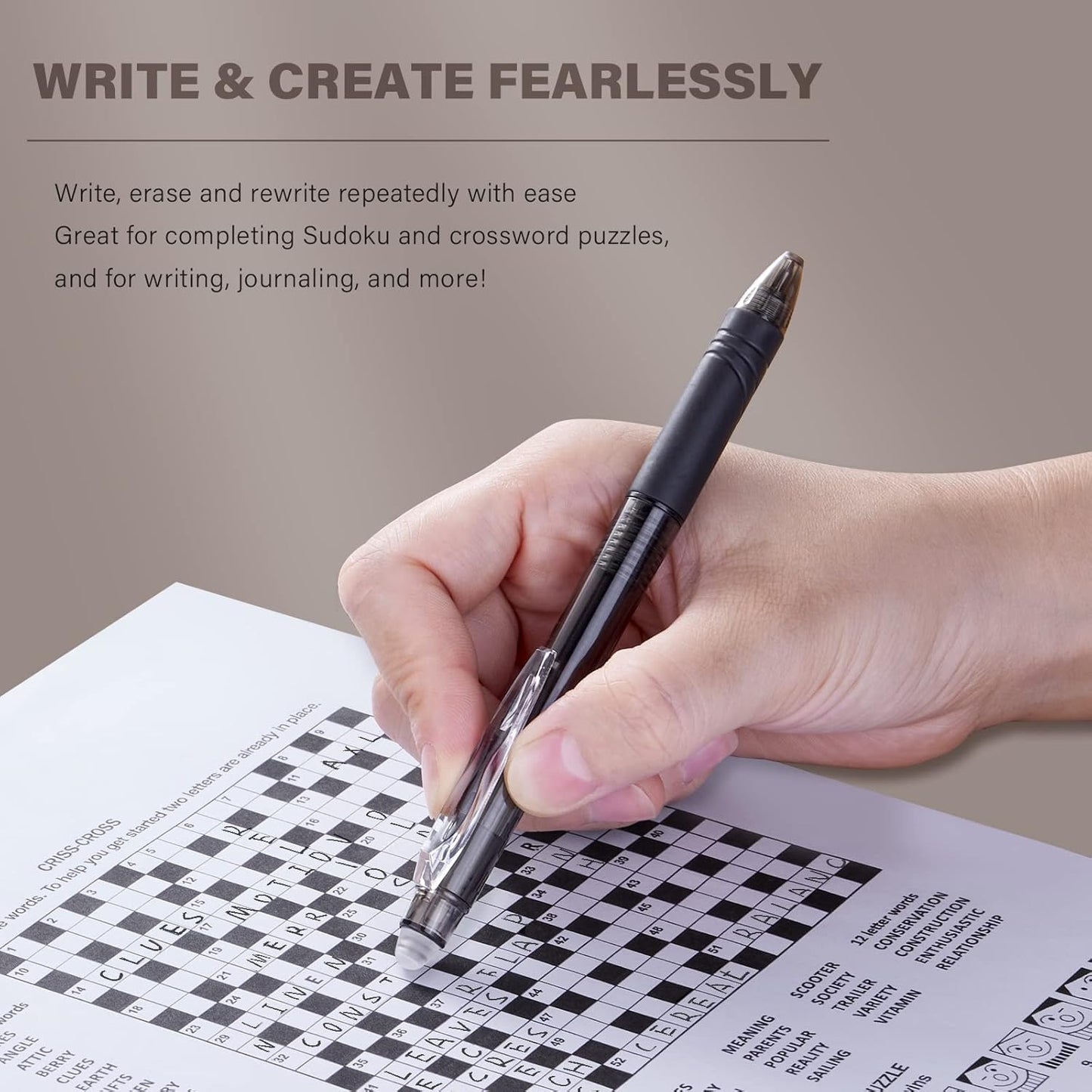 ParKoo Retractable Erasable Gel Pens Clicker Fine Point 0.7 mm, No Need for White Out, 8 Black/2 Blue/2 Red Ink for Completing Sudoku and Crossword Puzzles, 12-Pack