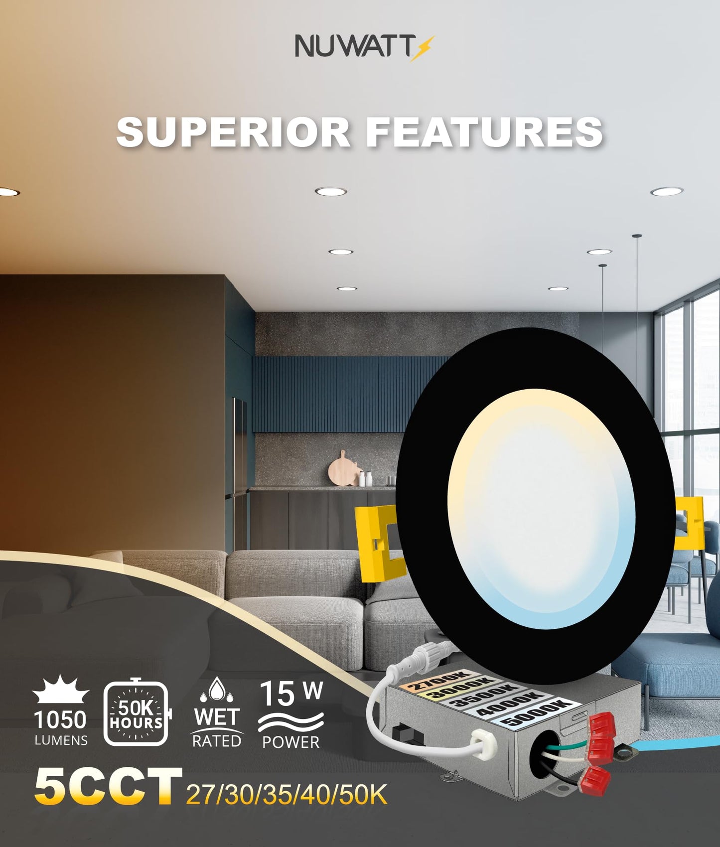 Nuwatt 6 Pack  6 Inch Ultra Thin Black Led Recessed Lighting  5Cct 2700K/3000K/3500K/4000K/5000K Selectable  High Brightness 1050 Lumens  Dimmable Canless Slim Wafer Light  Ic Rated  Metal J-Box  Etl