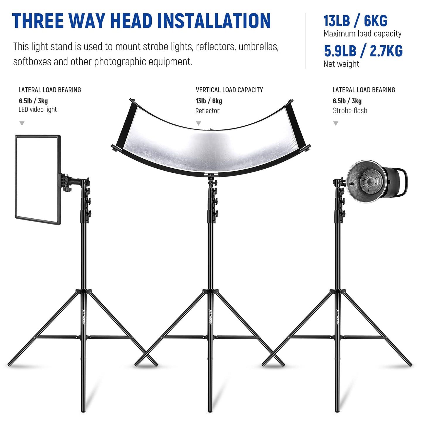NEEWER 13ft/4m Air Cushioned Light Stand, Heavy Duty All Metal Photography Tripod Stand with 1/4” to 3/8” Reversible Spigot, 3 Way Mounting Interface & Metal Locking Knobs, Max Load 6.5lb/3kg