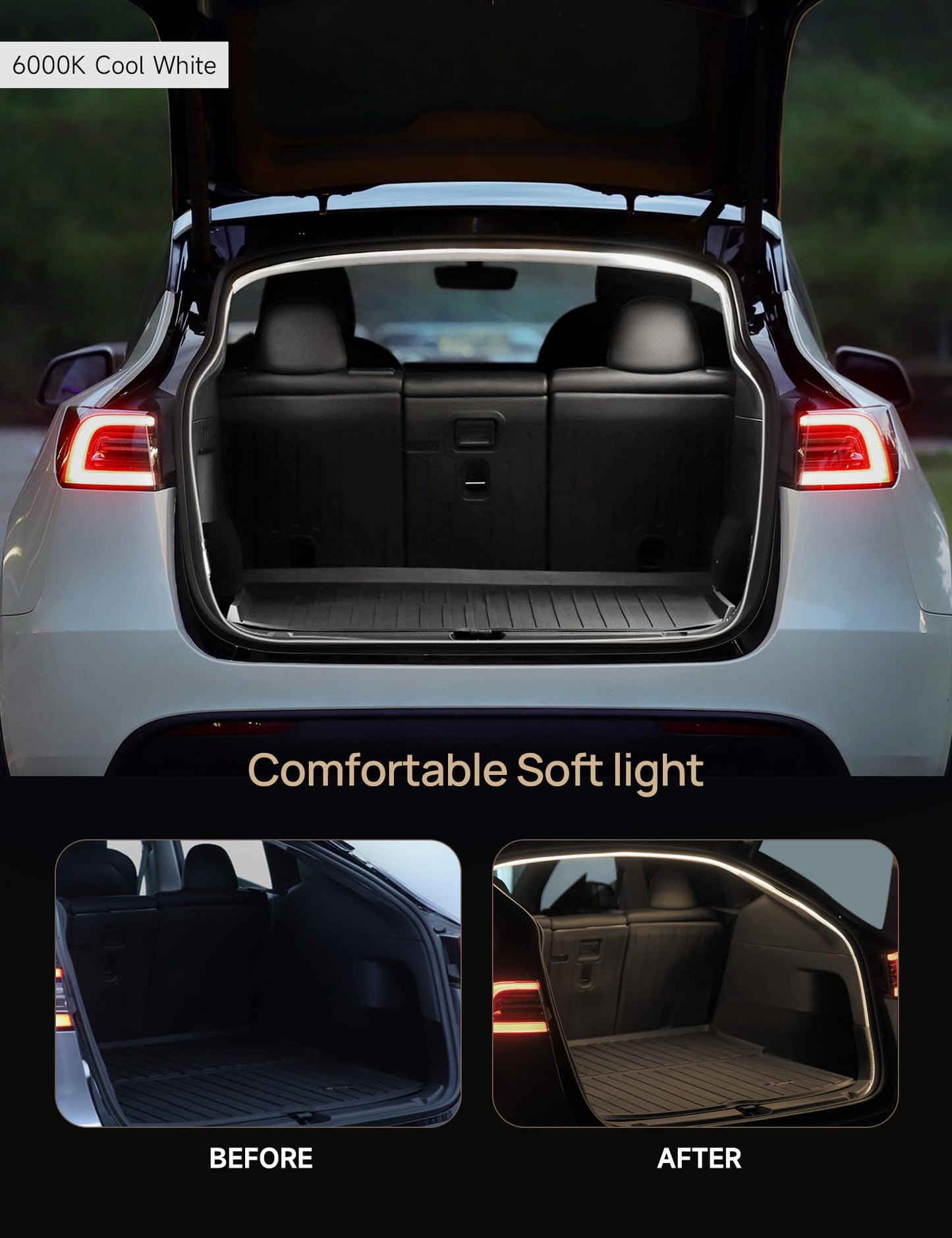 Tparts Trunk Led Light Strip For Tesla Model Y (Including New Model Y Juniper 2025+)  Silicone Waterproof Intelligent Dual-Color Switchable Interior Lighting Warm & Cool White (3000K&6000K)