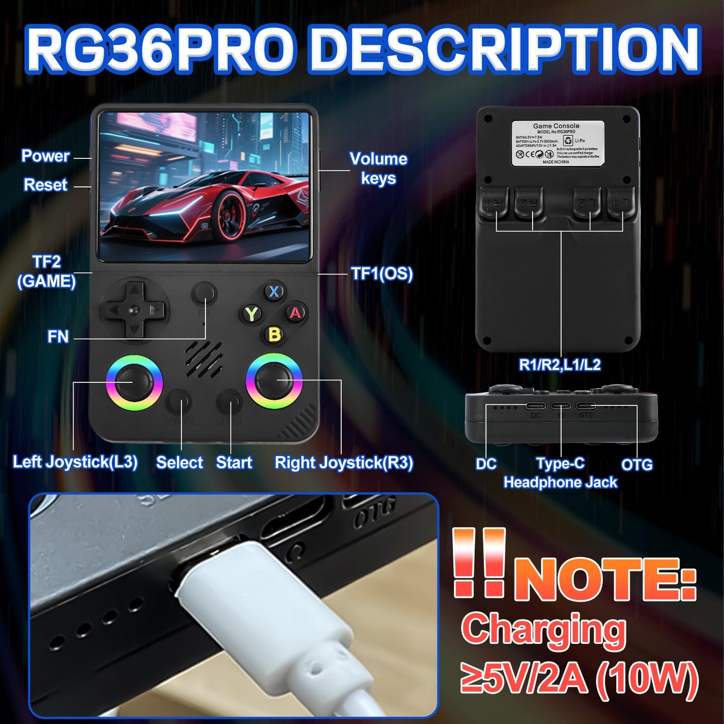 Colourbing RG36PRO Retro Handheld Game Console - Open Source System,3.5"IPS Screen,30,000+ Classic Games,64G TF card, 3000mAh Battery,Portable Gaming Player for Travel,Gift for Teen or Partner -Black