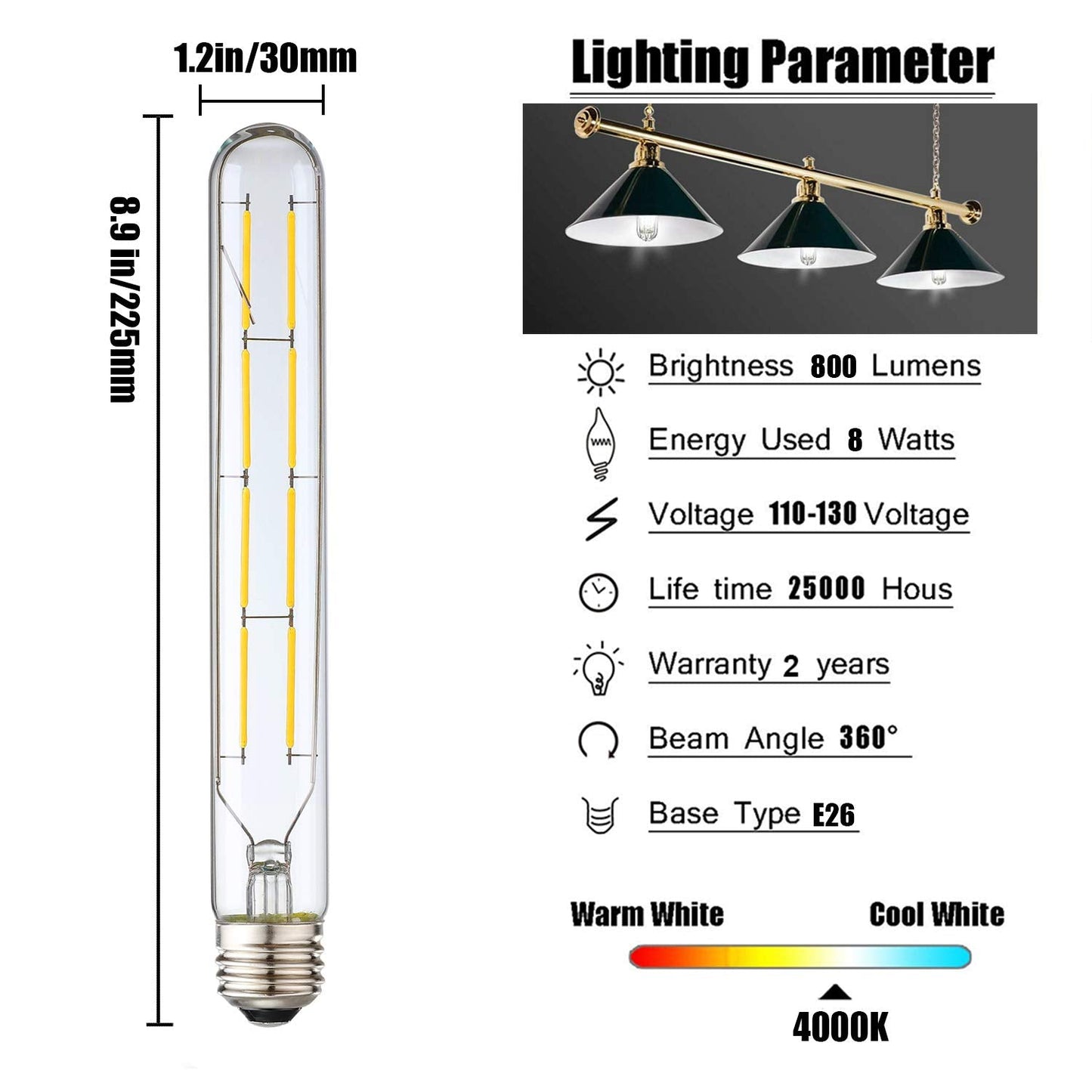 Leools 8W Dimmable Edison LED Tubular Bulb T10, 4000K Daylight, Glass, 4-Pack
