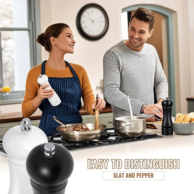 2Pack Wood 6.5 Inches Salt and Pepper Grinder Set and Adjustable Manual Salt and Pepper Mills, with Ceramic Grinding Mechanism, Housewarming Gifts, Cooking Gifts for Men & Women(Black & White)