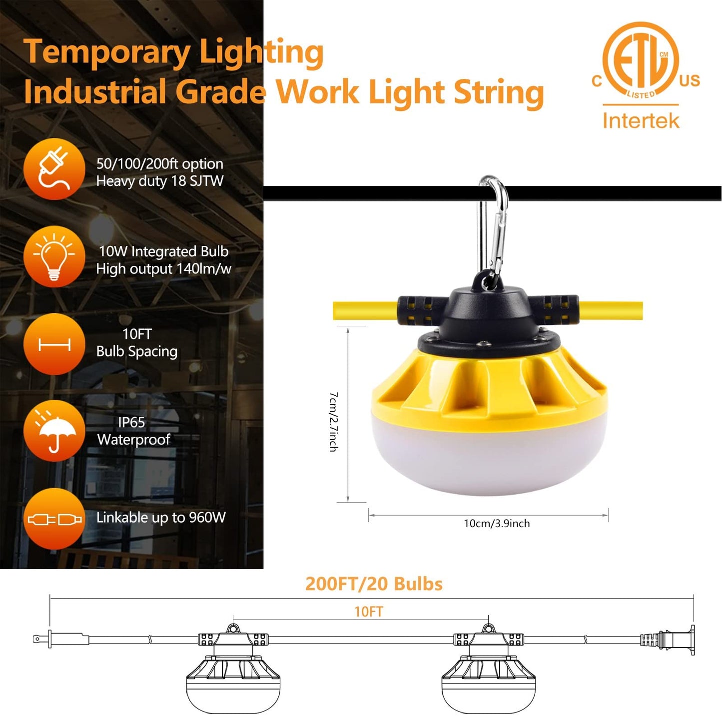 Muasdae 200Ft Led Construction String Lights, Yellow Glass, Ideal For Outdoor Lighting, Renovation, And Walkways