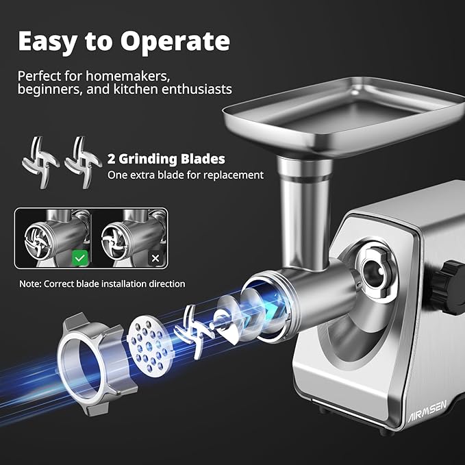 AIRMSEN Electric Meat Grinder & Tomato Sauce Press Maker with Strainer - Heavy Duty Food Mill Machine for Grinding Meat, Making Tomato Sauce, Sausage, Kibbeh for Home Kitchen Use
