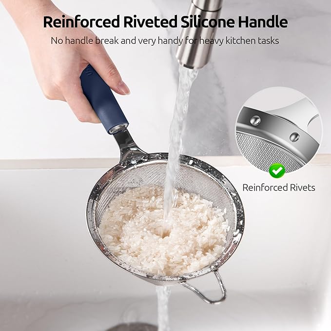 U-Taste Fine Mesh Food Strainer: 18/8 Stainless Steel 30 Mesh Kitchen Sieve with Sturdy Riveted Silicone Handle, Heavy Duty Deep Handheld Metal Colander (Small/3.35in+Medium/4.73, Midnight Blue)