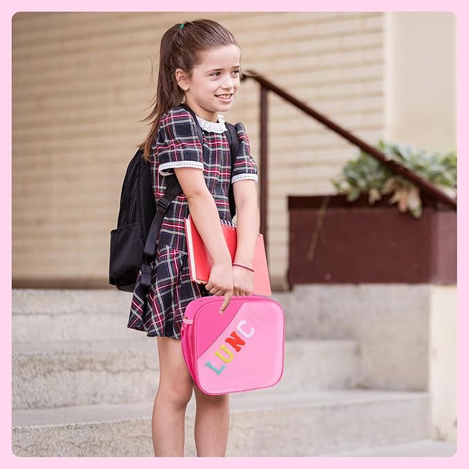 Lunch Bag Kids-Kids Insulated Lunch Bag with Adjustable Strap - Reusable Leakproof Lunch Box for Girls, Preppy School Lunch Tote for Travel, Picnic,School & Winter Camp
