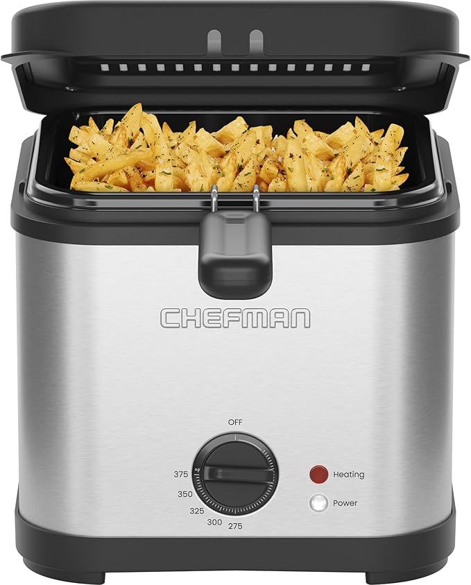 Chefman Fry Guy 2.5 Quart / 10 Cup Deep Fryer with Wire Basket, Hinged Lid with Viewing Window, Adjustable Temperature, Perfect for Fried Chicken, Shrimp, French Fries, & Chips – Stainless Steel