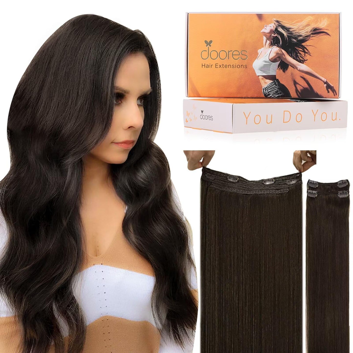 DOORES Wire Hair Extensions, Light Dark Brown 22 Inch 120g Fish Line Weft Extensions and 2pcs 30g Clip ins, 150g Invisible Wire