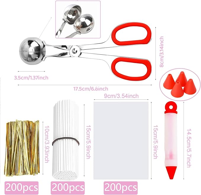 Cake Pop Molds Kit 606PCS Lollipop Cake Pop Set, 1 Cake Pop Scooper and Decorating Pen, 200 Cake Pop Sticks and 200 Wrappers, 200 Twist Ties for Lollipop, Candies, Chocolates