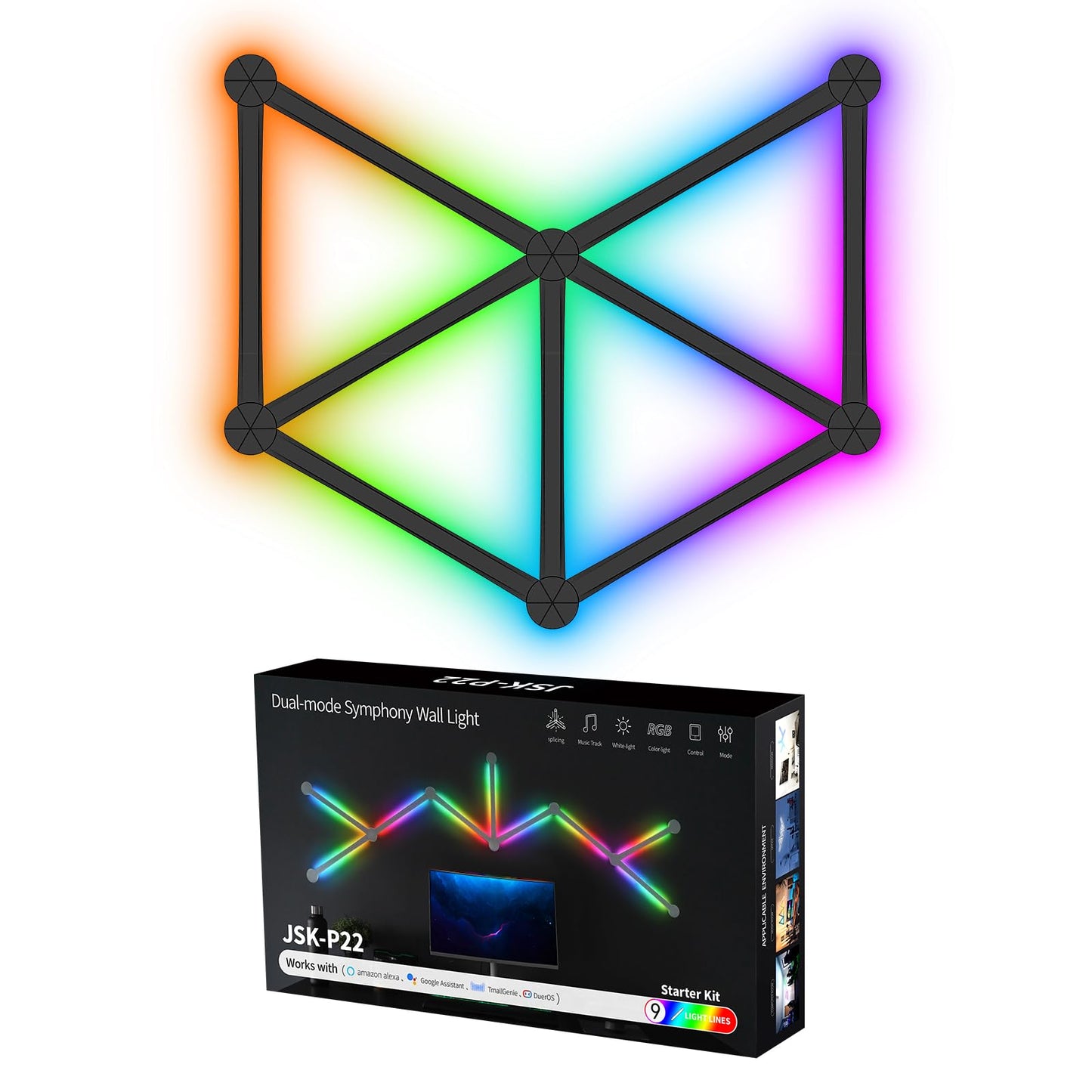 TOHETO RGB Wall Light, LED DIY Geometry Splicing Gaming Lights, Backlit Modular Wi-Fi Colour Changing Home Decor Lights Work with Alexa and Google Assistant for Game Room, Bedroom (9 Lines, Black)