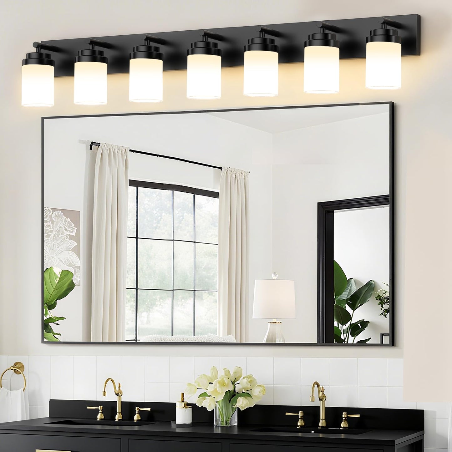 Izorro Bathroom Vanity Light Fixture  7-Light 51 Inch Matte Black Bathroom Light Fixtures Over Mirror  With White Glass Shade  Modern Farmhouse Vanity Lights  Rustic Restroom Lighting Fixtures
