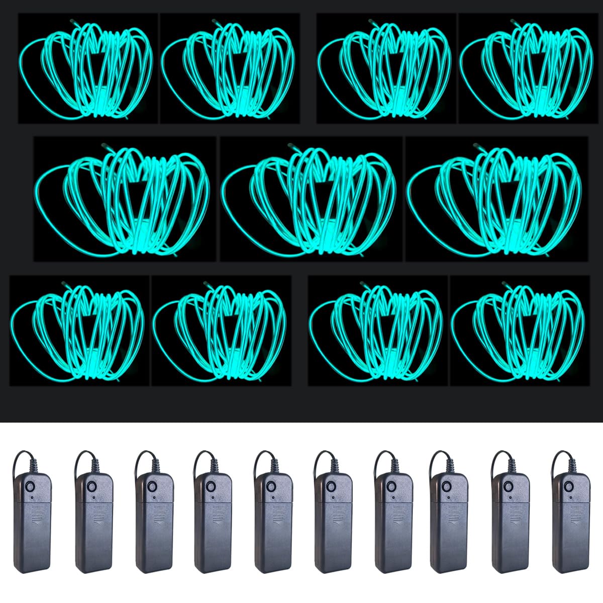 Maxlax El Wire Ice Blue 10-Pack  9Ft/2.75M Neon Light Wire With Noise Reduction And Battery Pack
