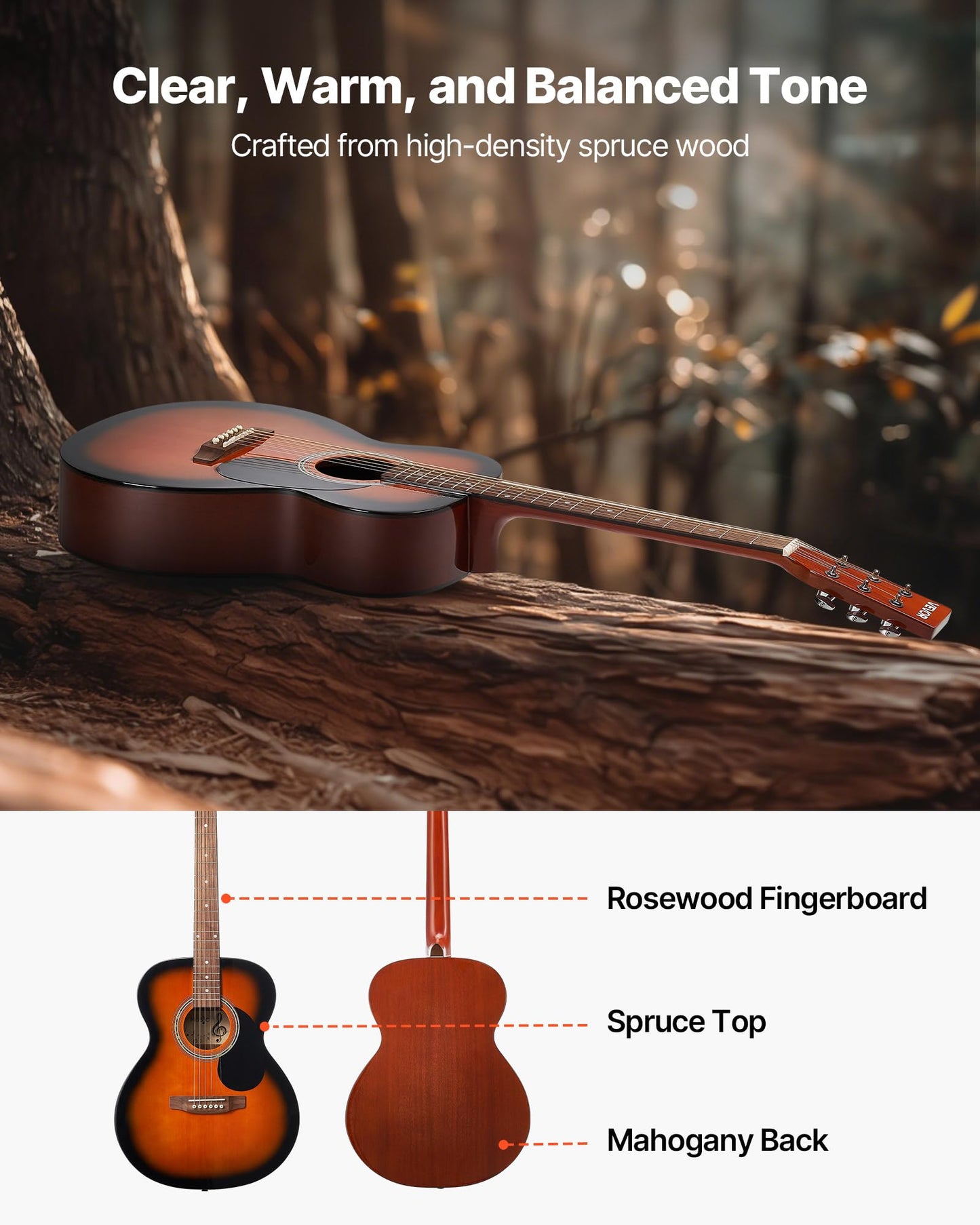 Vevor Dreadnought Acoustic Guitar, 40 In, 6-String Sunburst Solid Top Guitar, Beginner Bundle With Gig Bag, Tuner, Strap, Steel