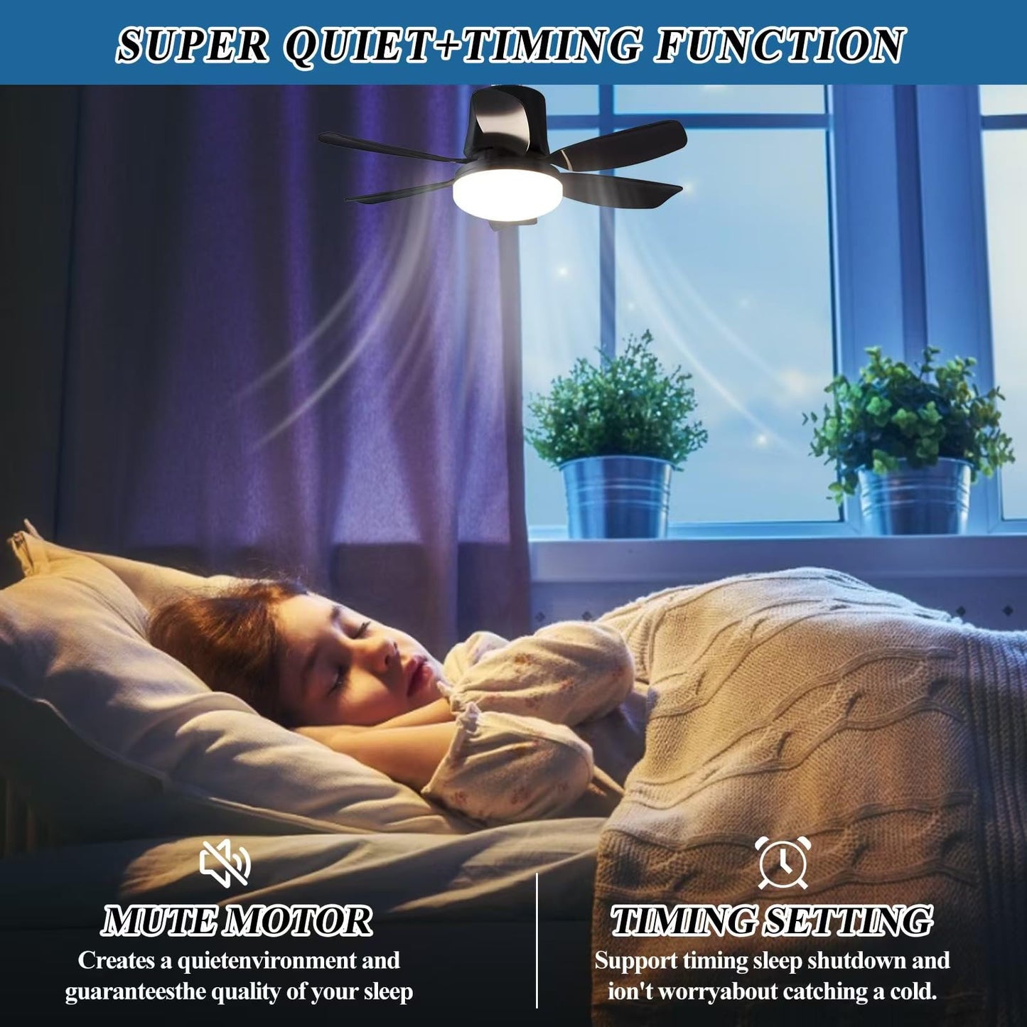 Superyofo Socket Fan LED Ceiling Lights, 18inch, APP Control, Dimmable, 3000K-6500K, 1800LM, Black-1Pack