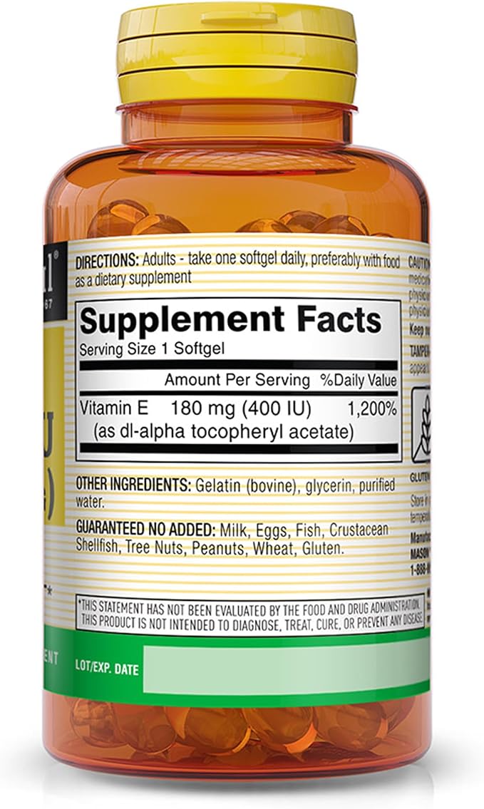 MASON NATURAL Vitamin E 180 mg (400 IU) - Antioxidant and Essential Nutrient, Healthy Immune System, Skin and Eyes, Whole Body Supplement, 100 Softgels