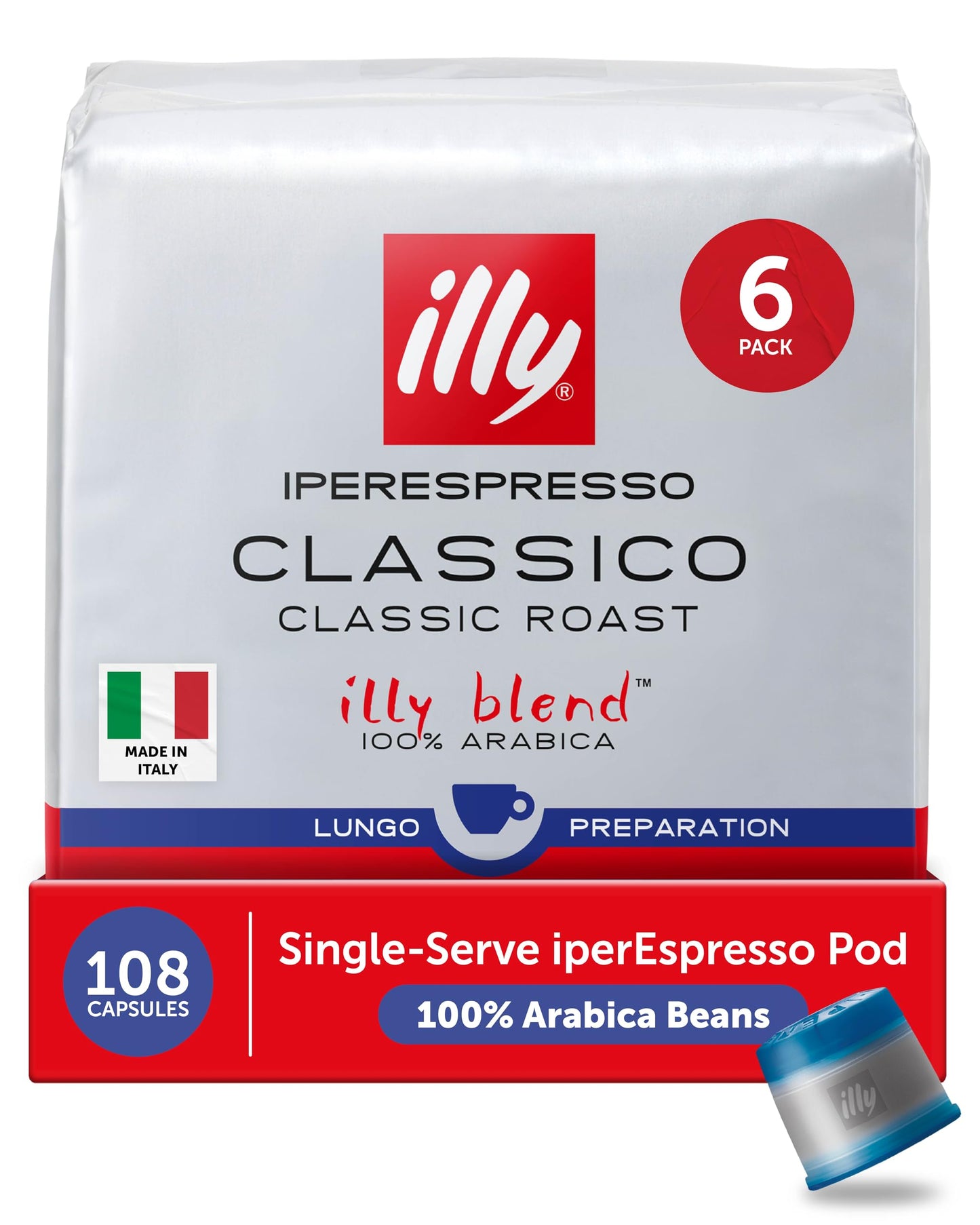 Illy Coffee IperEspresso Capsules - Single-Serve Coffee Capsules & Pods - Classico Lungo Medium Roast - Notes of Caramel  Orange Blossom  and Jasmine - 100% Arabica - 18 Count (Pack of 6)