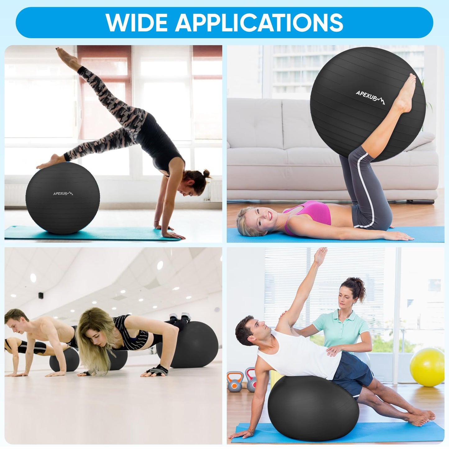 APEXUP Yoga Ball Exercise Ball, Anti Slip Stability Ball Chair, Heavy Duty Large Gym Ball for Fitness, Balance, Core Workout and Physical Therapy (M (19"~22'') 55cm, Black)