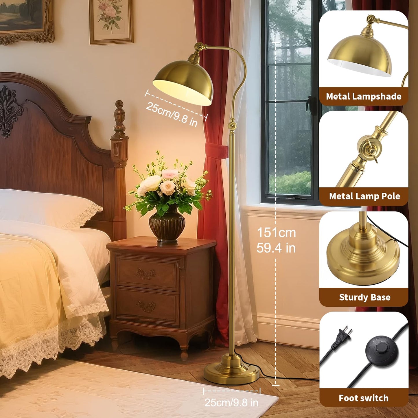 dujunlinghang Bright LED Floor Lamp with Remote Control, Adjustable Brass Design, Model MD-8801-Gold, Gold Finish