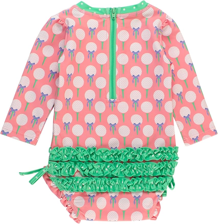 RuffleButts Baby Girls UPF 50+ Sun Protection Novelty Print Long Sleeve One Piece Rash Guard Swimsuit with Zipper