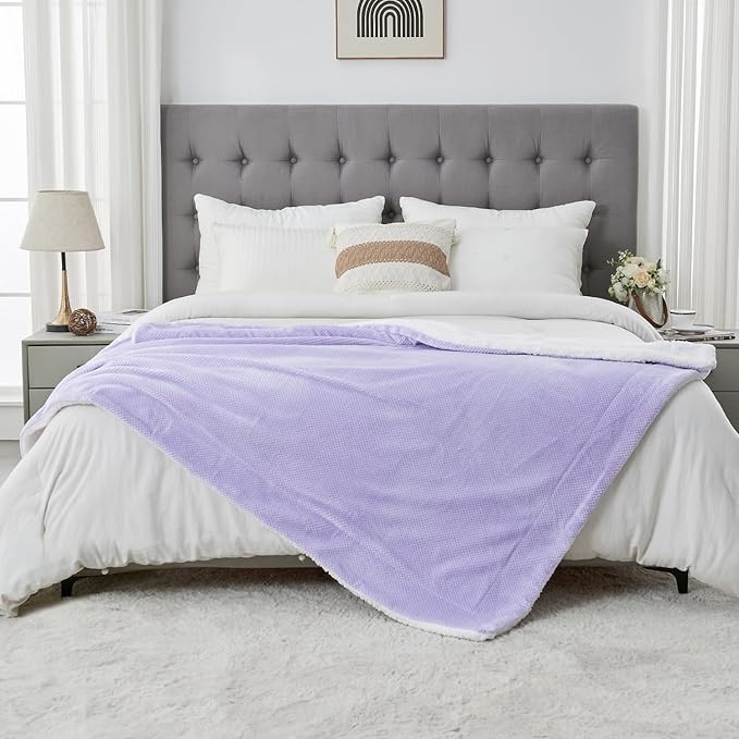 SOCHOW Waffle Sherpa Fleece Throw Blanket, Super Soft Fuzzy Warm, Lightweight Fluffy Reversible Plush Blanket for Bed Sofa Couch, 60 x 80 Inches Lilac