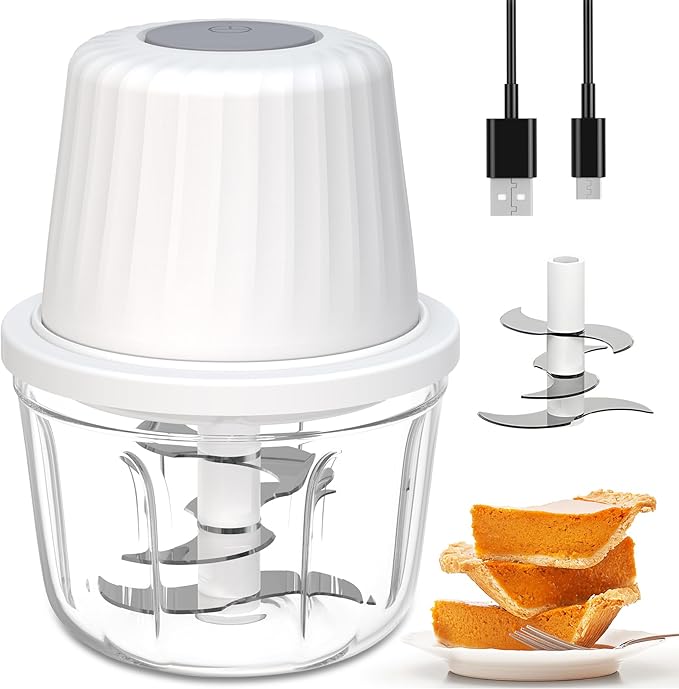 Mini Food Chopper Cordless, 400ml Small Food Processor 1.6Cup, Battery USB-C Rechargeable Electric Garlic Chopper Wireless, Portable Meat Grinder Mincer Veggie Blender Kitchen Mixer w/ 6 Blades, White