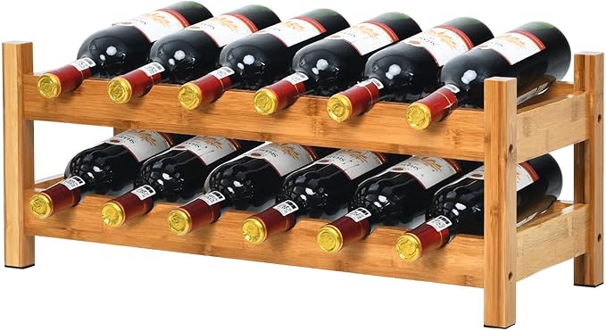 HAPPYGRILL Wine Rack, Free Standing 12 Bottles 2-Tier Wine Display Rack, Bamboo Wine Storage Rack Countertop, Natural Wine Bottle Holder Shelf for Bar, Home, Kitchen, Pantry