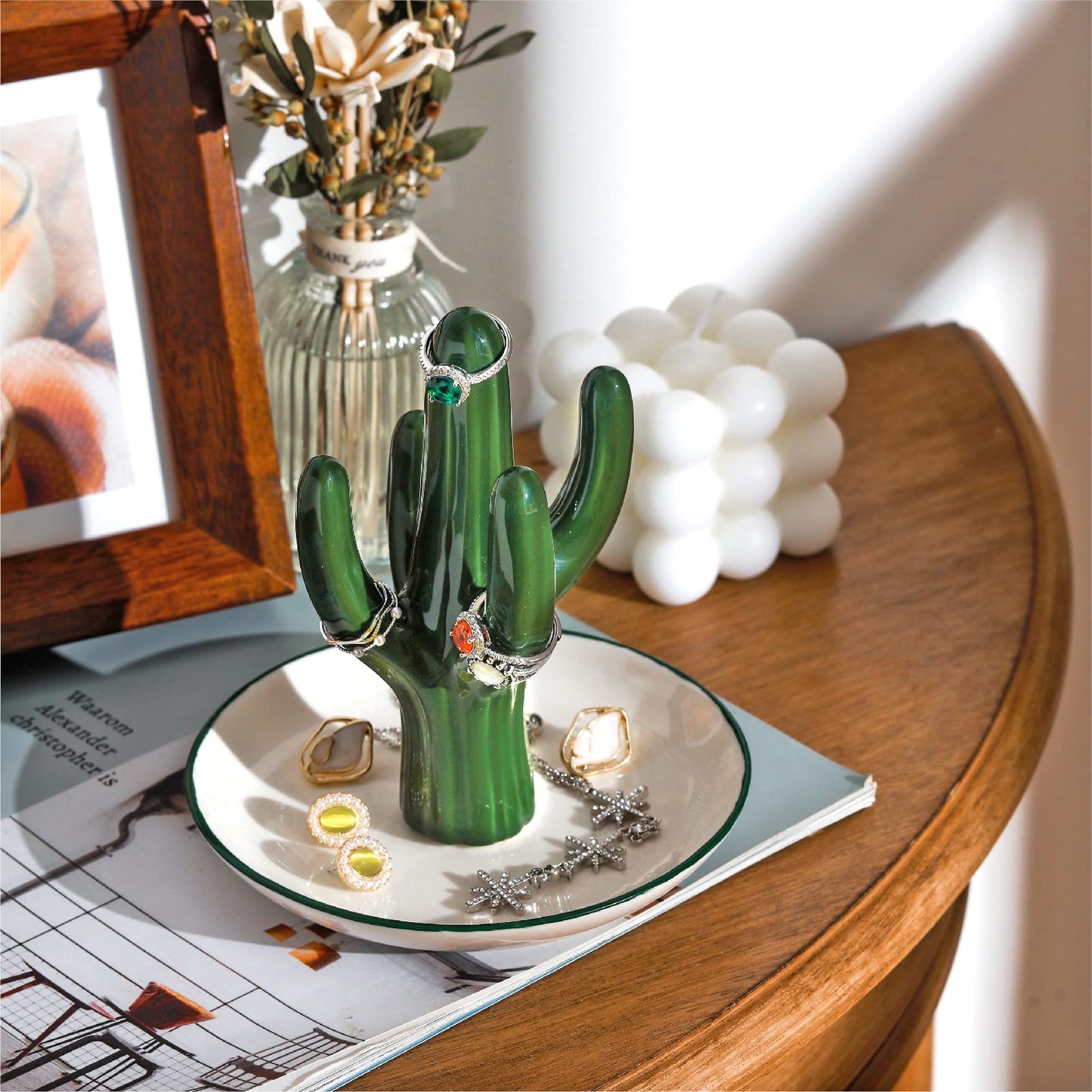 PUDDING CABIN Cactus Ring Holder Green Jewelry Dish for Rings Earrings Bracelets Necklace Organizer, Cactus Gift for Women Birth