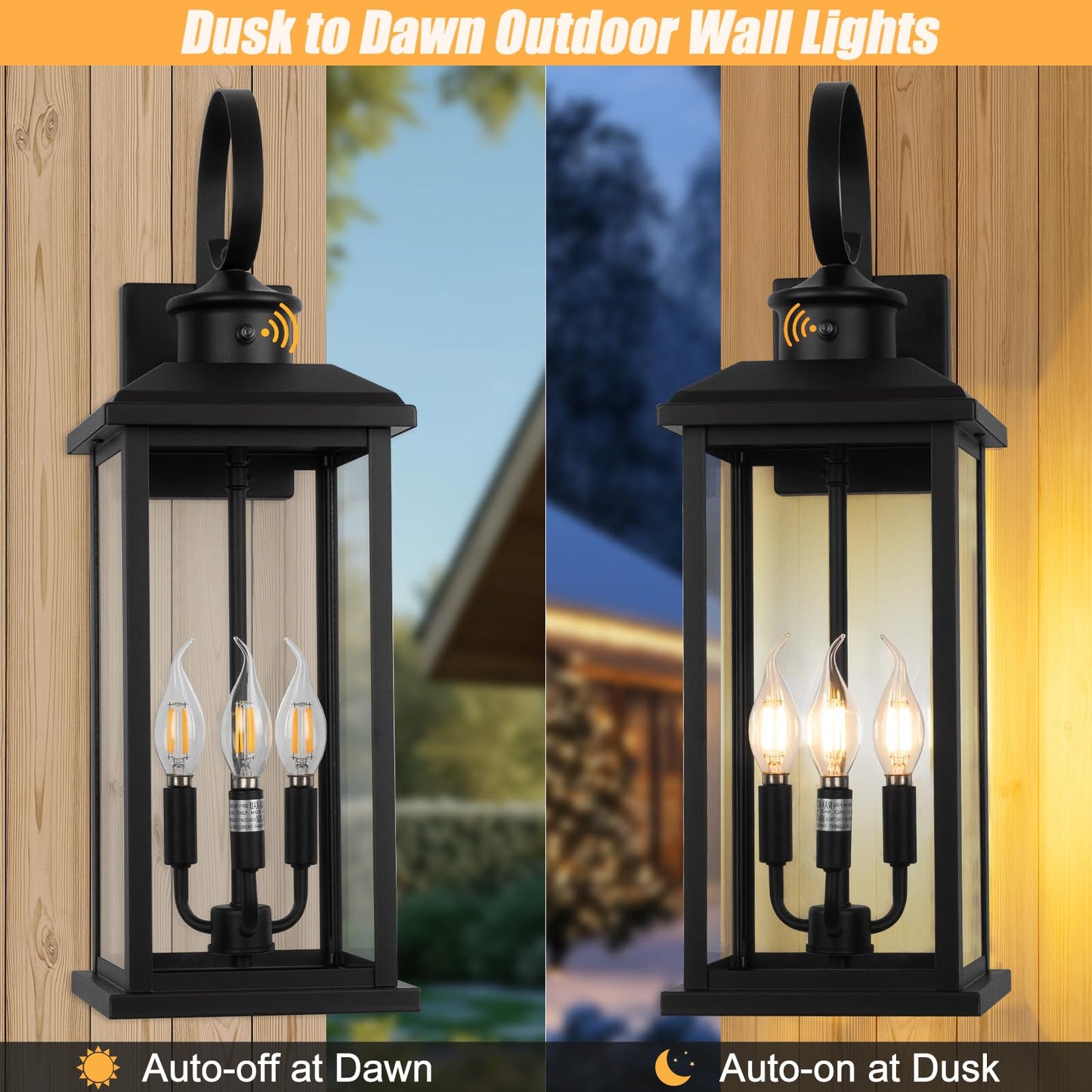 24 Dusk To Dawn Outdoor Wall Light Fixture 2 Pack-Black Extra Large Modern Porch Lantern 3-Light  Waterproof Exterior Lighting Sconce Wall Mount  Outside Lamp For Entryway Garage Coach E12 Base