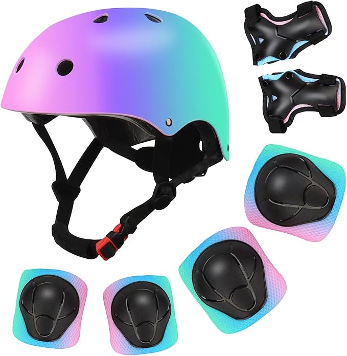 Color Gradient Adjustable Kids Bike Helmet with Knee & Elbow Pads Set | Multi-Sport Safety Gear for Boys & Girls Ages 5-14...