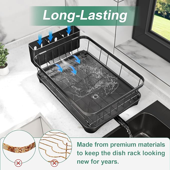 Dish Drying Rack for Kitchen Counter – Large Capacity Single Tier Dish Drainer with Utensil Holder & Cutlery Tray, Space Saving Countertop Organizer, Black
