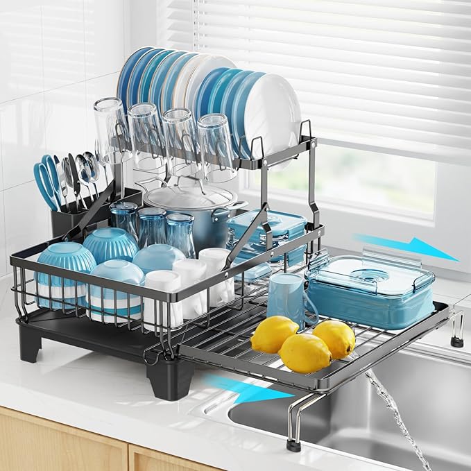 GSlife Large Dish Drying Rack - Extendable 2-in-1 Dish Racks for Kitchen Counter or Over Sink, 2 Tier Dish Drainer with Drainboard, Cups Holder and Utensil Holder, 14.4"-22.4" L x 16.9" W, Black