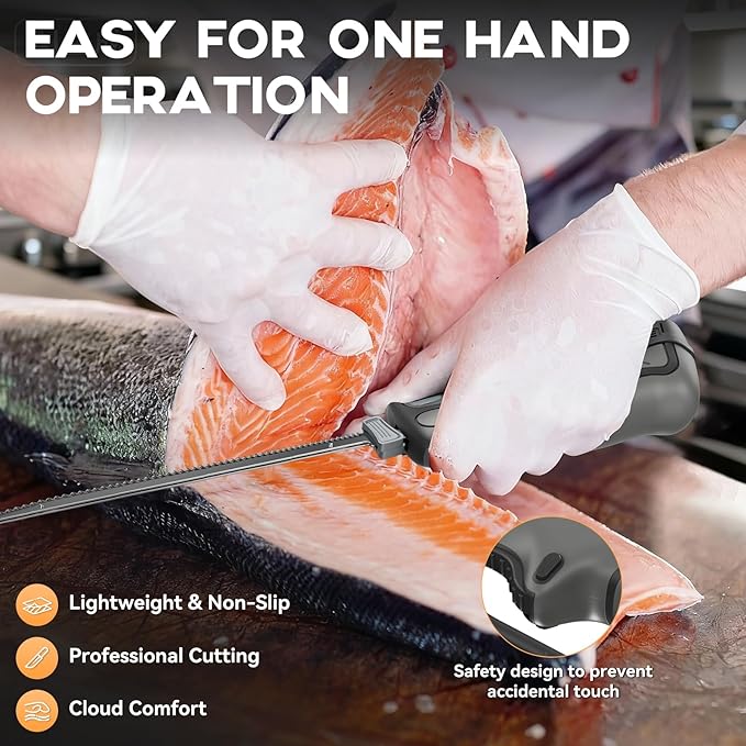 Protmex Cordless Electric Fillet Knife with 8" and 10" Sharp Blades, 12V Electric Fillet Knife with Non-slip Grip Handle, Gloves and Safety Lock, for Fishing, Filleting, Meat, Bread, Outdoors