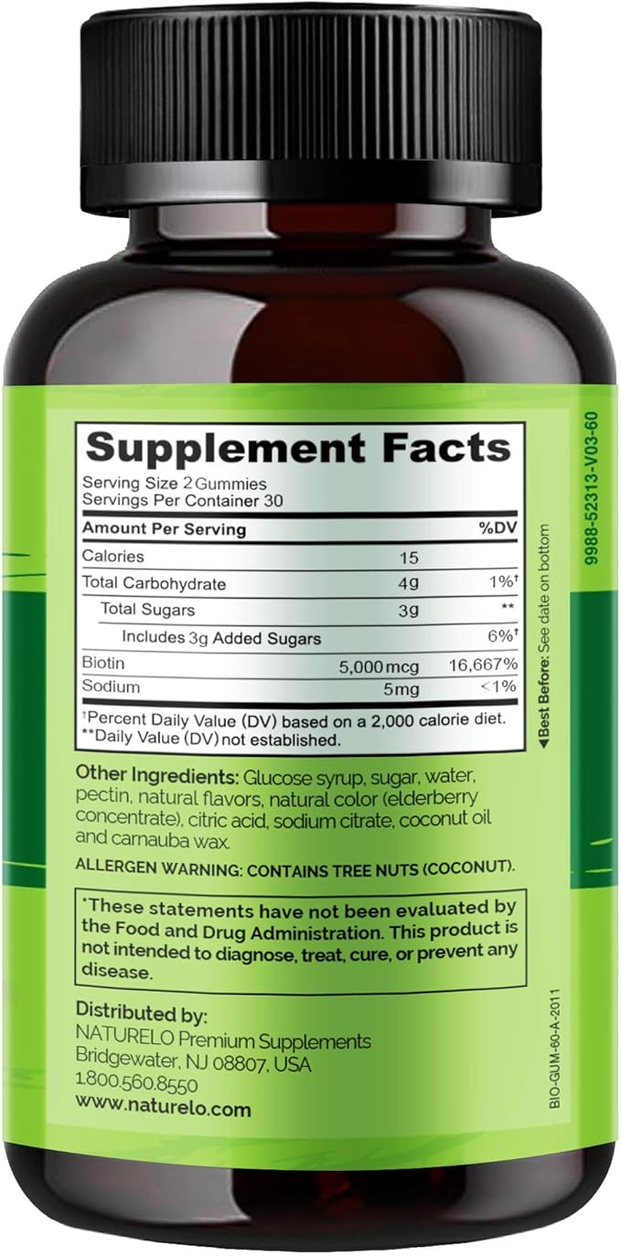 NATURELO Biotin Gummies - Supports Healthy Hair, Skin & Nails - High Potency 2500 mcg - Non GMO, Gluten Free - 60 Gummies