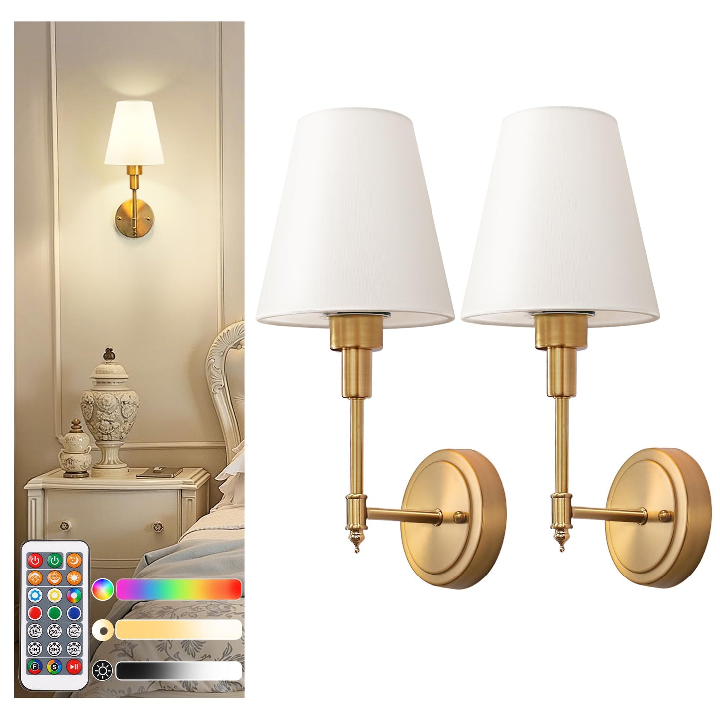 DORESshop Battery Operated Wall Sconce Set of 2, Dimmable Metal Wall Light, 14.8in, Gold