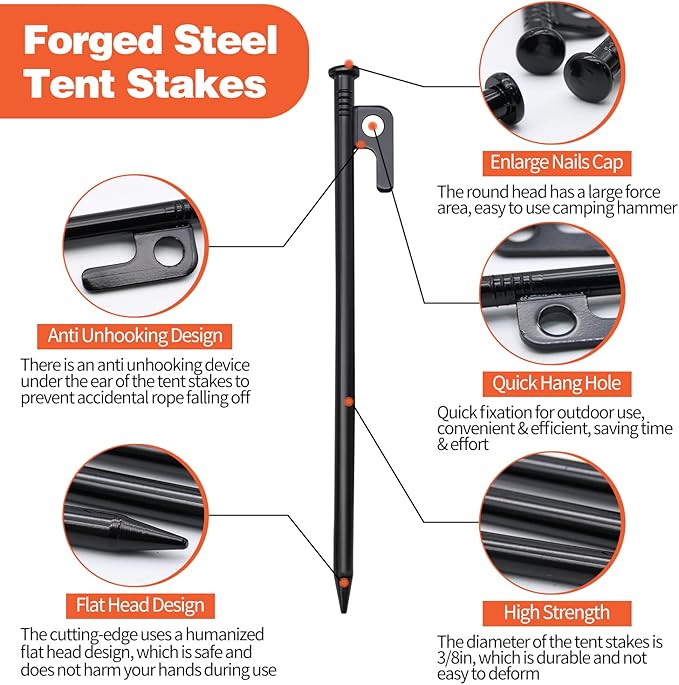 16 Pack Tent Stakes, 16in Tent Stakes Heavy Duty with Storage Bag, Forged Steel Tent Pegs for Camping Unbreakable and Inflexible(16pcs 16in Stakes)
