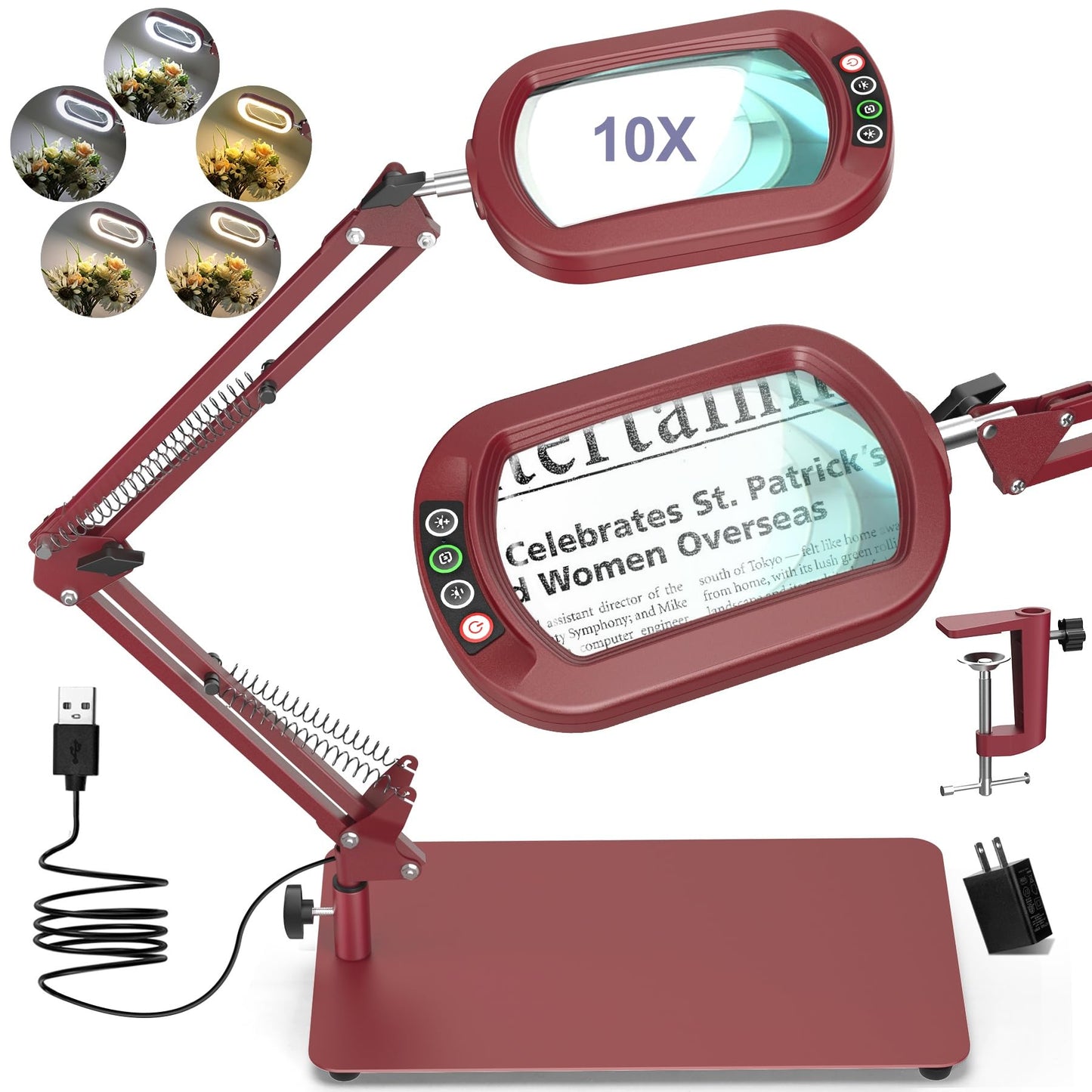 Drdefi 10X Magnifying Glass with LED Light, Glass Material, Hands-Free Clamp, Model 602, Red