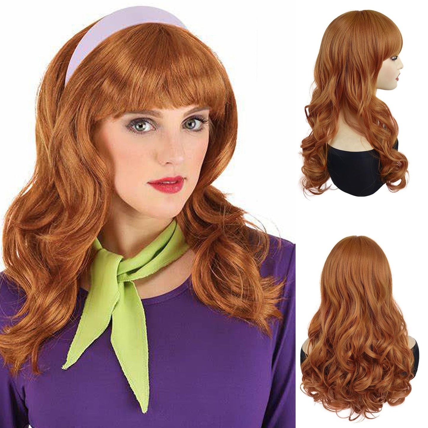 GNIMEGIL 18 inch Charming Long Wavy Ginger Synthetic Curly Wigs in Orange Wig with Bangs Halloween Costume Cosplay Wigs for Wome