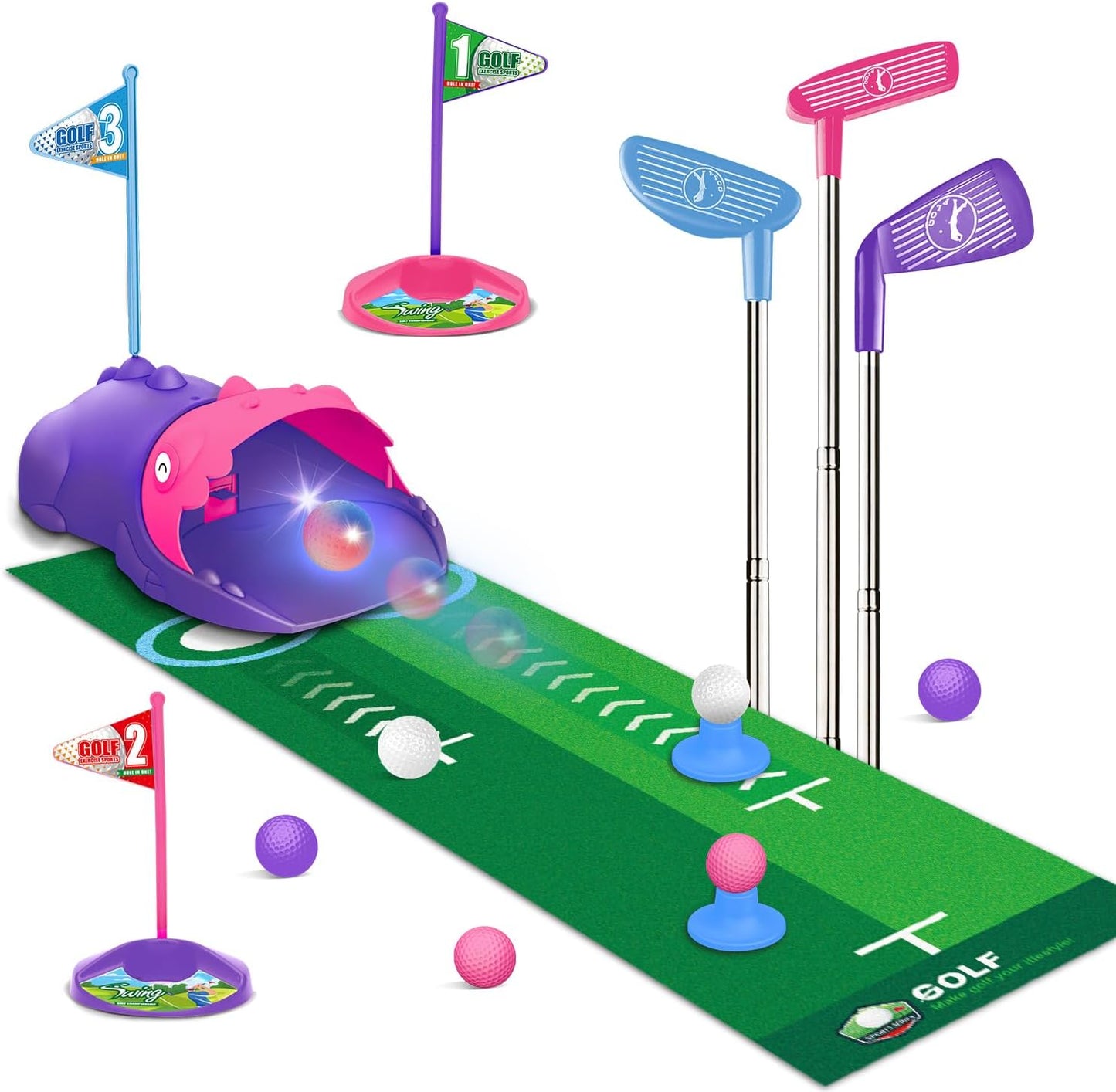 Kids Toy Golf Set with Dinosaur Automatic Golf Returner, Led Light Up Night Golf Balls, 3 Clubs, Putting Mat, 3-8 Toddler Mini Golf Games, Indoor Outdoor Sports Toys for Boys Girls 3+ (Pink)