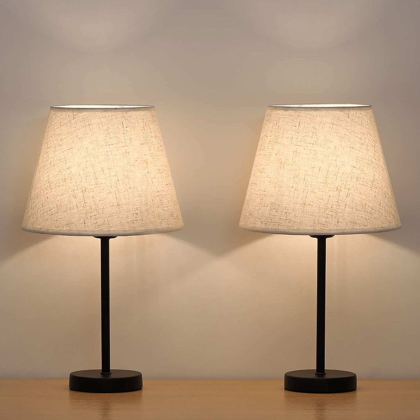 HAITRAL Bedside Table Lamps Set of 2 - Fabric Shade, 15 Inches, Black, Model HT-TH28-27X2, Ideal for Bedroom, Living Room, Office