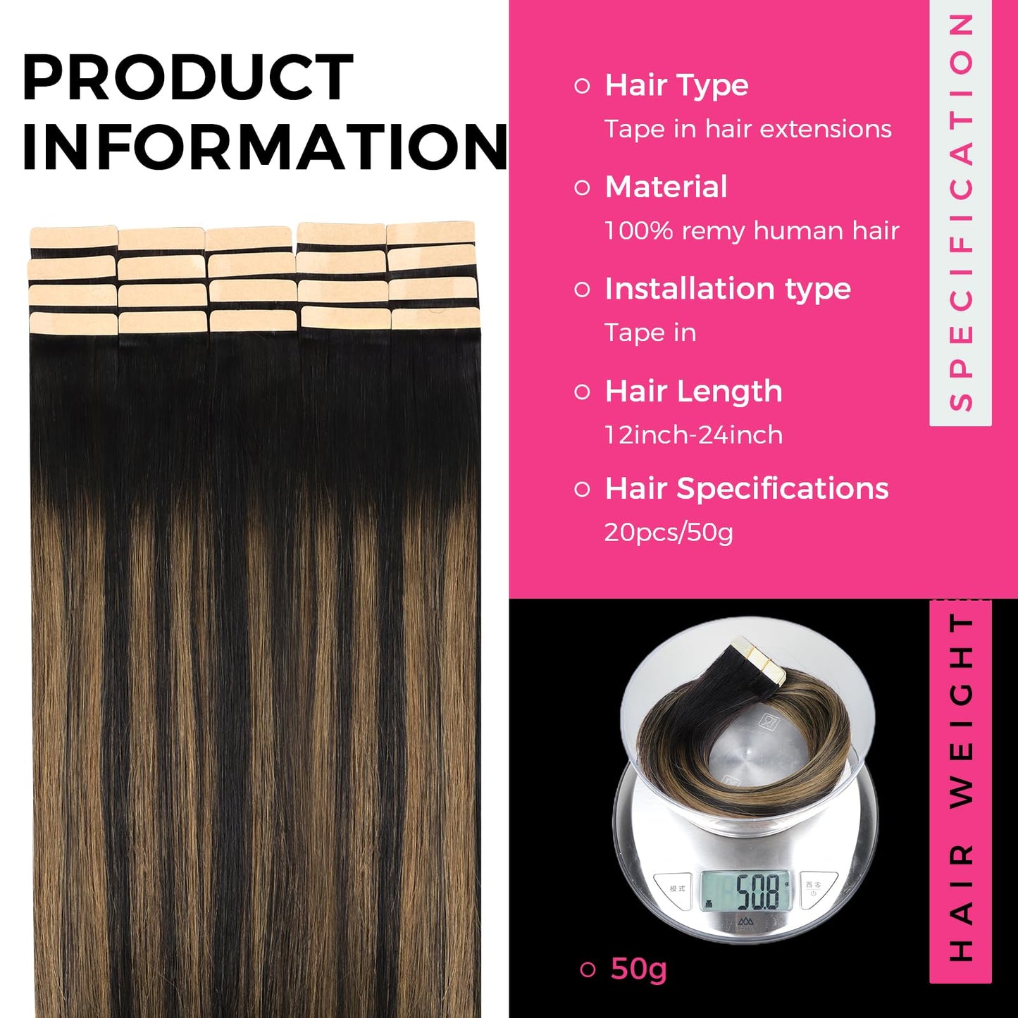 Lashey Invisible Tape in Hair Extensions Human Hair 50g 20pcs 20 Inch Straight Tape ins Black Mixed Chestnut Brown Remy Hair for