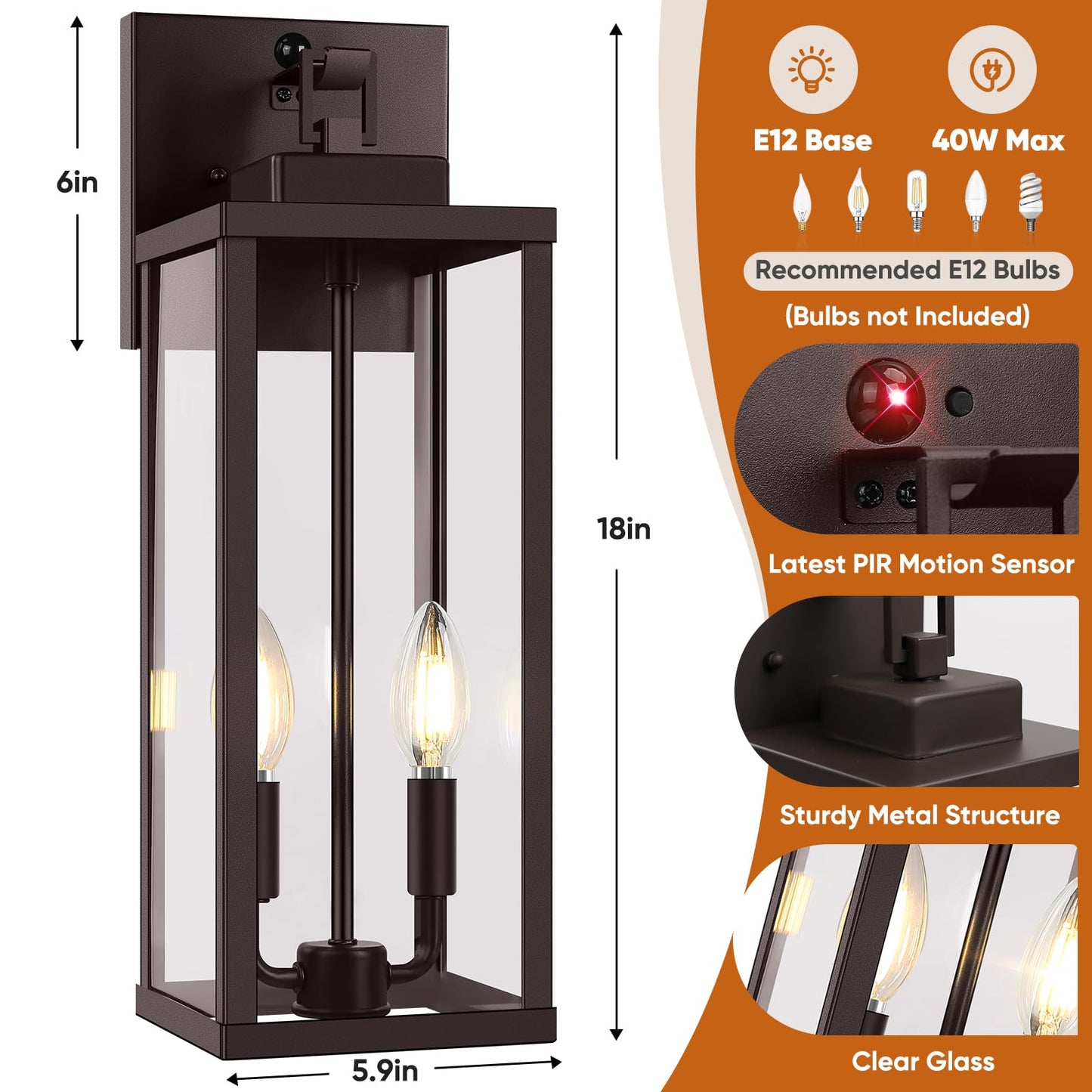Beslowe 18  Upgraded Motion Sensor Outdoor Wall Lights  Dusk To Dawn Porch Lights Outdoor Wall Sconces  3 Lighting Modes Exterior Lighting Fixtures With Hooks  Brown Outside Lights For House  2-Pack