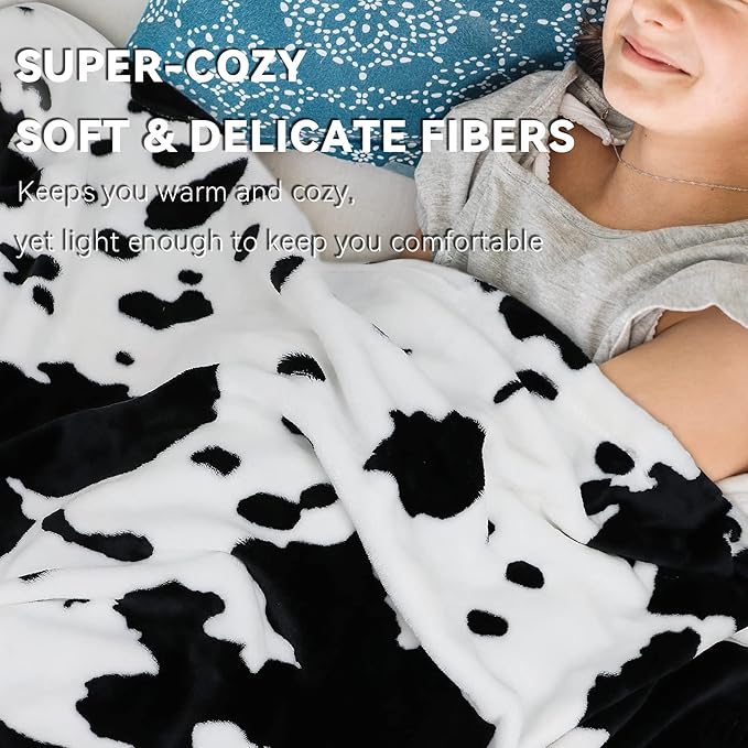 Cow Print Blanket for Kids - 40"x50" Cute Lightweight Fuzzy Fleece Throw for Girls, Nursery Decor - Black White Plush Birthday Gifts for Kids Boys